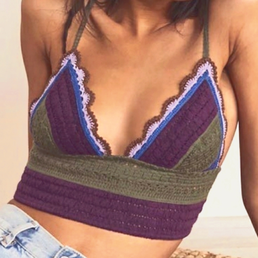 NWT Free People Another Weekend Longline Crochet Bralette Green Purple Knit